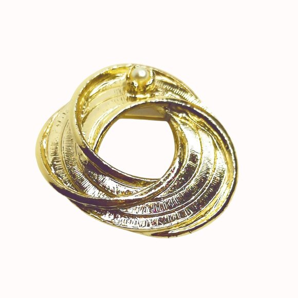 Vintage WMCA Gold-Tone Swirl Brooch With Faux Pearl Accent - Picture 2 of 5